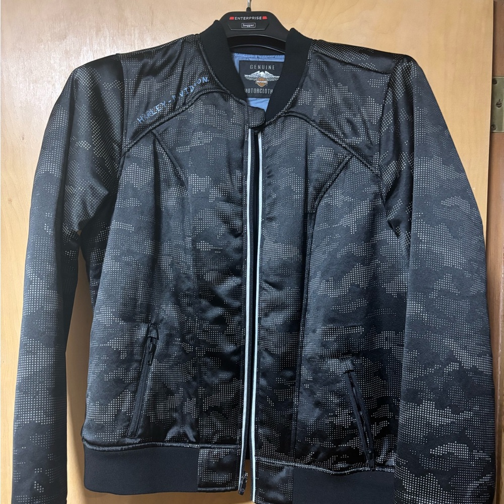 NWT Harley-Davidson Black Digi Camo Bomber Jacket with Ceil Blue Ribbing